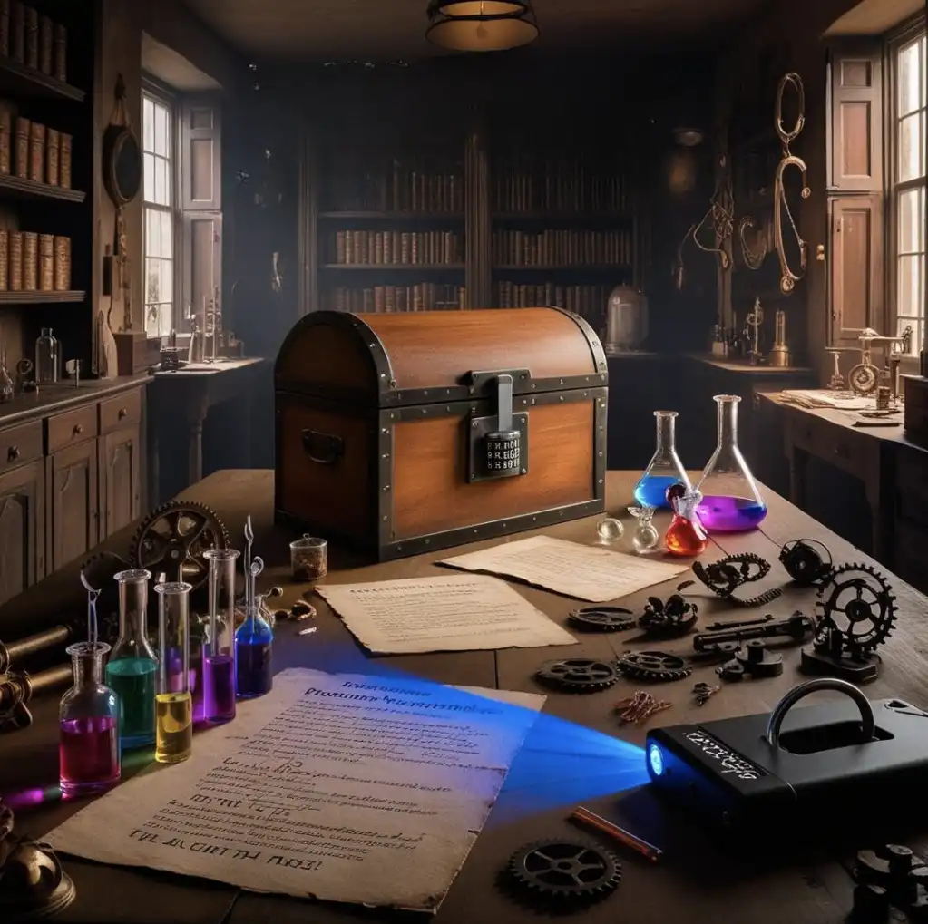 Salle escape game - coffre avec des fioles de couleurs